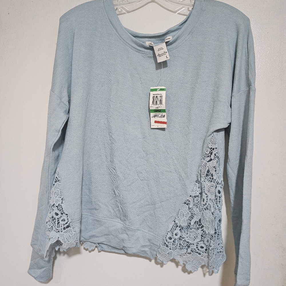 NWT American Rag cie Light Blue Sweatshirt with Lace Detail, Size L